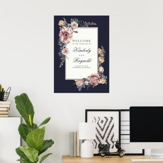 ネイビーとメイヴのフローラヴィンテージウェディングウェルカムサイン ポスター (ホームオフィス)