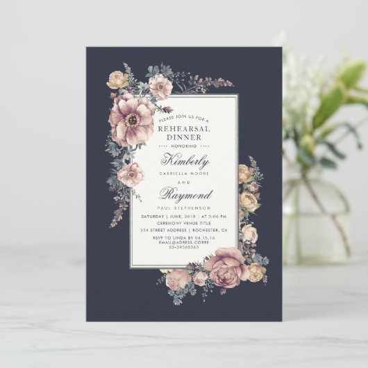 ネイビーとモーヴヴィンテージフローラリハーサルディナー 招待状 (スタンド正面)