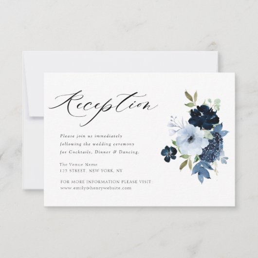 ネイビーとライトブルーのフローラウェディングレセプションカード 出欠カード (正面)