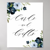 ネイビーとライトブルーのフローラカードとギフトサイン ポスター (正面)