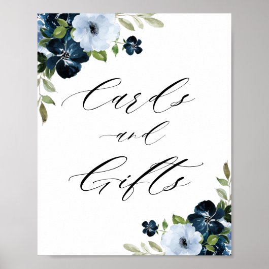 ネイビーとライトブルーのフローラカードとギフトサイン ポスター (正面)