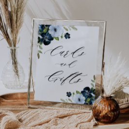 ネイビーとライトブルーのフローラカードとギフトサイン ポスター