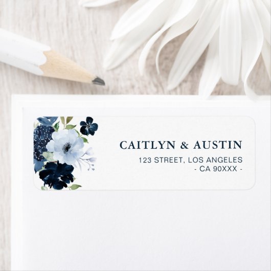 ネイビーとライトブルーのフローラ住所 シール (インサイチュ)