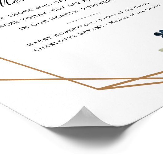 ネイビーとライトブルーのフローラ結婚の記念標識 ポスター (角)