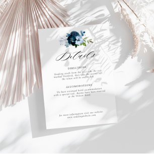 ネイビーとライトブルーのフローラ結婚の詳細カード エンクロージャーカード