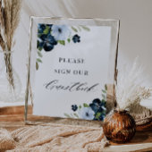 ネイビーとライトブルーのフローラ結婚ゲストブック ポスター