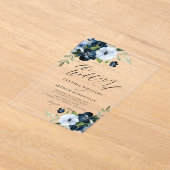 ネイビーとライトブルーのフローラ結婚スクリプト アクリル招待状 (レイダウン)