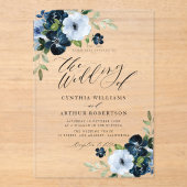 ネイビーとライトブルーのフローラ結婚スクリプト アクリル招待状 (正面)