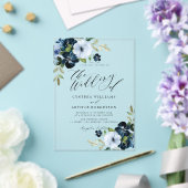 ネイビーとライトブルーのフローラ結婚スクリプト アクリル招待状 (インサイチュ (ウェディング))