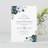 ネイビーとライトブルーのフローラ結婚式招待状 招待状 (スタンド正面)