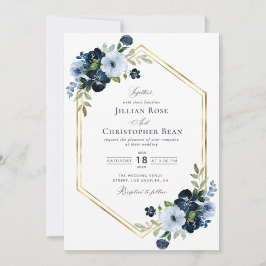 ネイビーとライトブルーの幾何学的結婚式招待状 招待状 (正面)