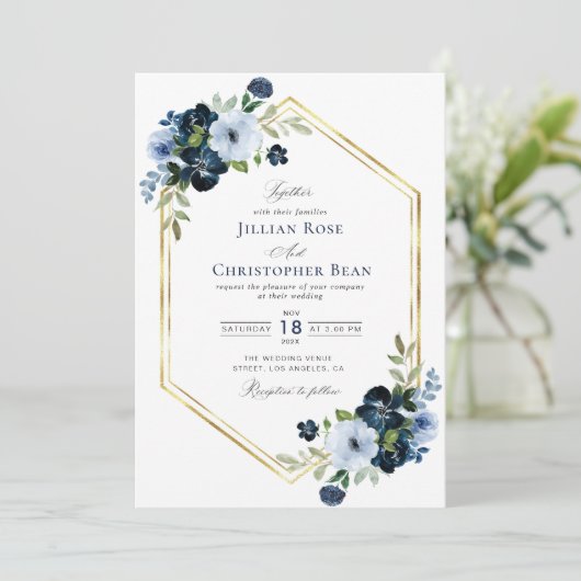 ネイビーとライトブルーの幾何学的結婚式招待状 招待状 (スタンド正面)