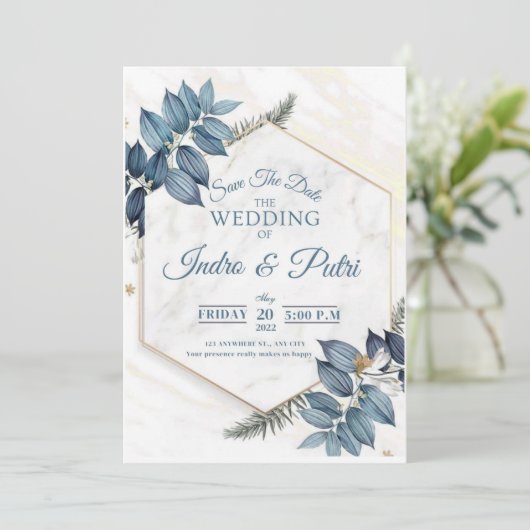 ネイビーとライトブルーの水彩花柄が一つに 招待状 (スタンド正面)