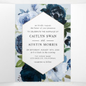 ネイビーとライトブルーの水色のフローラ結婚ズ 三つ折り案内状 (内部中)