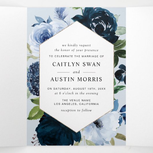 ネイビーとライトブルーの水色のフローラ結婚ズ 三つ折り案内状 (内部中)