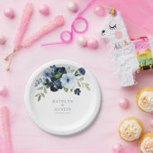 ネイビーとライトブルーの花柄のウェディング ペーパープレート (パーティー)