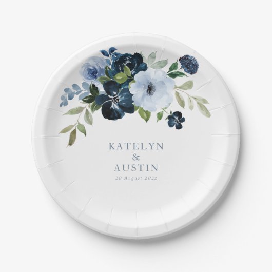 ネイビーとライトブルーの花柄のウェディング ペーパープレート (正面)