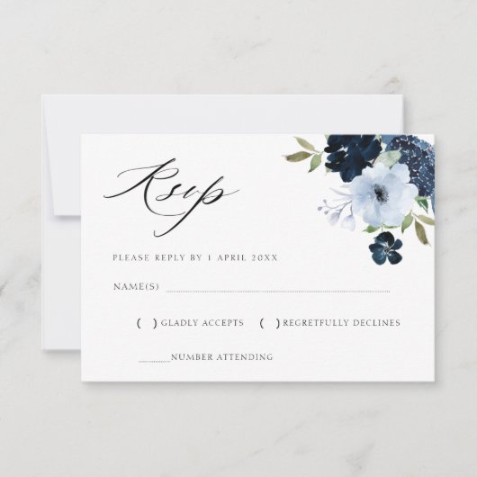 ネイビーとライトブルーの花柄の返信カード 出欠カード (正面)