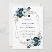 ネイビーとライトブルーの銀の幾何学模様結婚の 招待状 (正面)