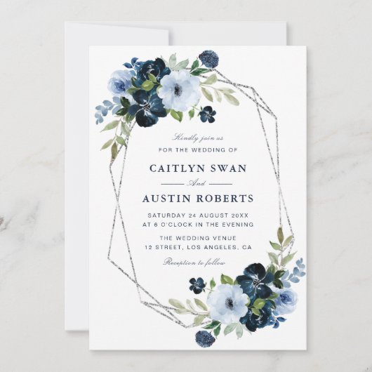 ネイビーとライトブルーの銀の幾何学模様結婚の 招待状 (正面)