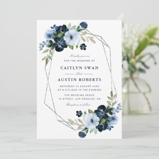 ネイビーとライトブルーの銀の幾何学模様結婚の 招待状 (スタンド正面)