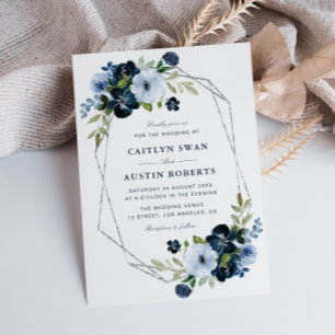 ネイビーとライトブルーの銀の幾何学模様結婚の 招待状