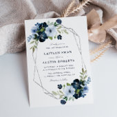 ネイビーとライトブルーの銀の幾何学模様結婚の 招待状