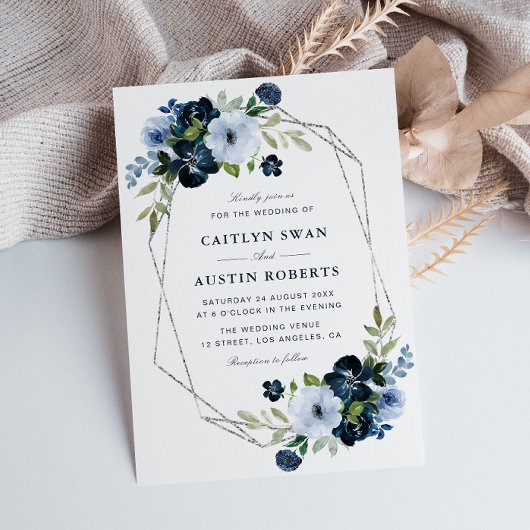 ネイビーとライトブルーの銀の幾何学模様結婚の 招待状