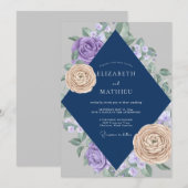 ネイビーとライラックローズの結婚式 招待状 (正面/裏面)