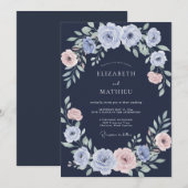 ネイビーとルピナスのラナンキュラスとユーカリの結婚式 招待状 (正面/裏面)