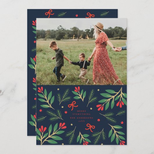 ネイビーとレッドのホリデー ブーゲス ホリデー フォト カード (正面/裏面)