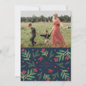 ネイビーとレッドのホリデー ブーゲンビリア ホリデー フォト カード (正面)