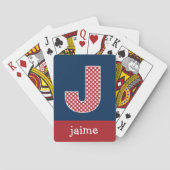 ネイビーとレッドの水玉模様とモノグラム文字J トランプ (裏面)