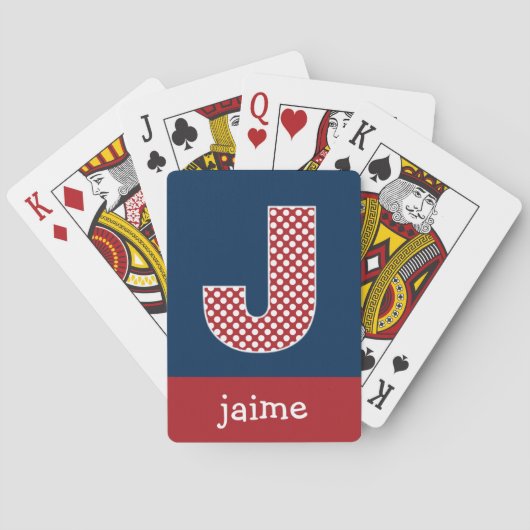 ネイビーとレッドの水玉模様とモノグラム文字J トランプ (裏面)