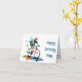ネイビーとレッドサイクリストの誕生日カード カード (黄色い花)