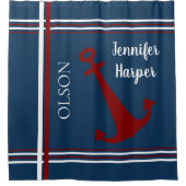 ネイビーとレッドストライプいかりカスタムシャワーカーテン シャワーカーテン (正面)