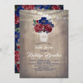 ネイビーとレッドフローラメイスンジャー素朴ブライダルシャワー 招待状 (正面/裏面)