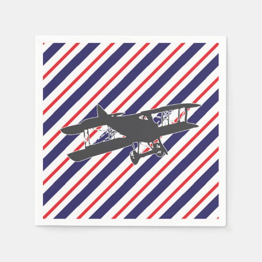 ネイビーとレッドヴィンテージの二機飛行機ナプキン スタンダードカクテルナプキン (正面)