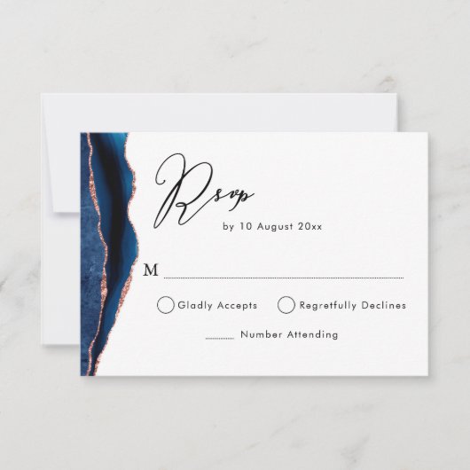 ネイビーとローズゴールドのアゲートの出欠確認カード 出欠カード (正面)