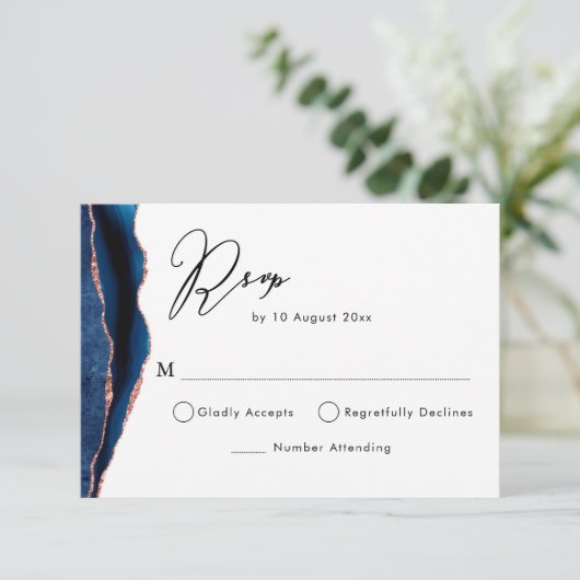 ネイビーとローズゴールドのアゲートの出欠確認カード 出欠カード (スタンド正面)