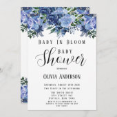 ネイビーと埃っぽいブルーベビーイン開花ベビーシャワー 招待状 (正面/裏面)