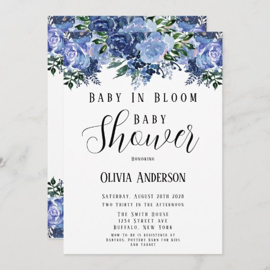 ネイビーと埃っぽいブルーベビーイン開花ベビーシャワー 招待状 (正面/裏面)