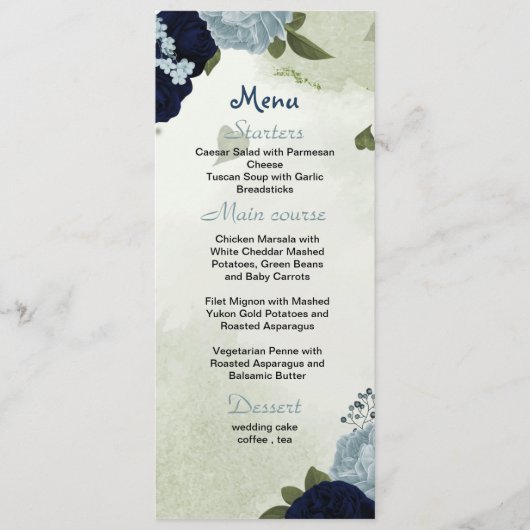 ネイビーと埃っぽい青い花の緑結婚色のメニュー メニュー (正面)