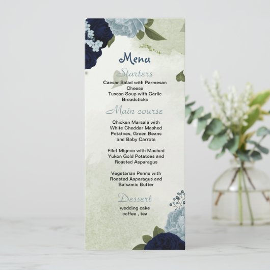 ネイビーと埃っぽい青い花の緑結婚色のメニュー メニュー (スタンド正面)