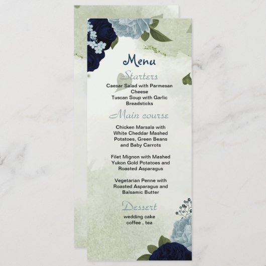 ネイビーと埃っぽい青い花の緑結婚色のメニュー メニュー (正面/裏面)