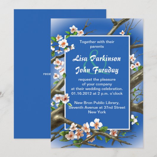 ネイビーと白の花のウェディング 招待状 (正面/裏面)
