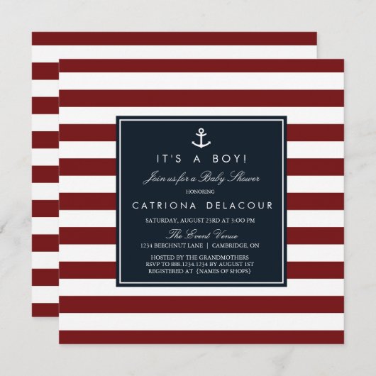 ネイビーと赤航海の赤の赤のシャワー招待状 招待状 (正面/裏面)