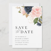 ネイビーと赤面のフローラは日付カードを保存 招待状 (正面)