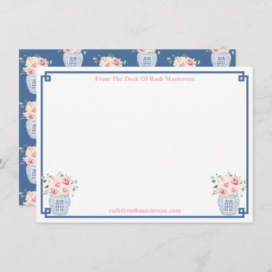 ネイビーと赤面の名門私立校風のバラパーティーのデスクから サンキューカード (正面/裏面)