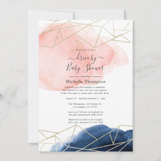 ネイビーと赤面の幾何学的なシャワー駆動 招待状 (正面)
